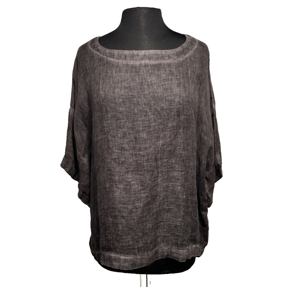 NWT Fenini‎ 100% Linen Boxy Mesh Top Size Med Coal Lagenlook USA Made Dolman